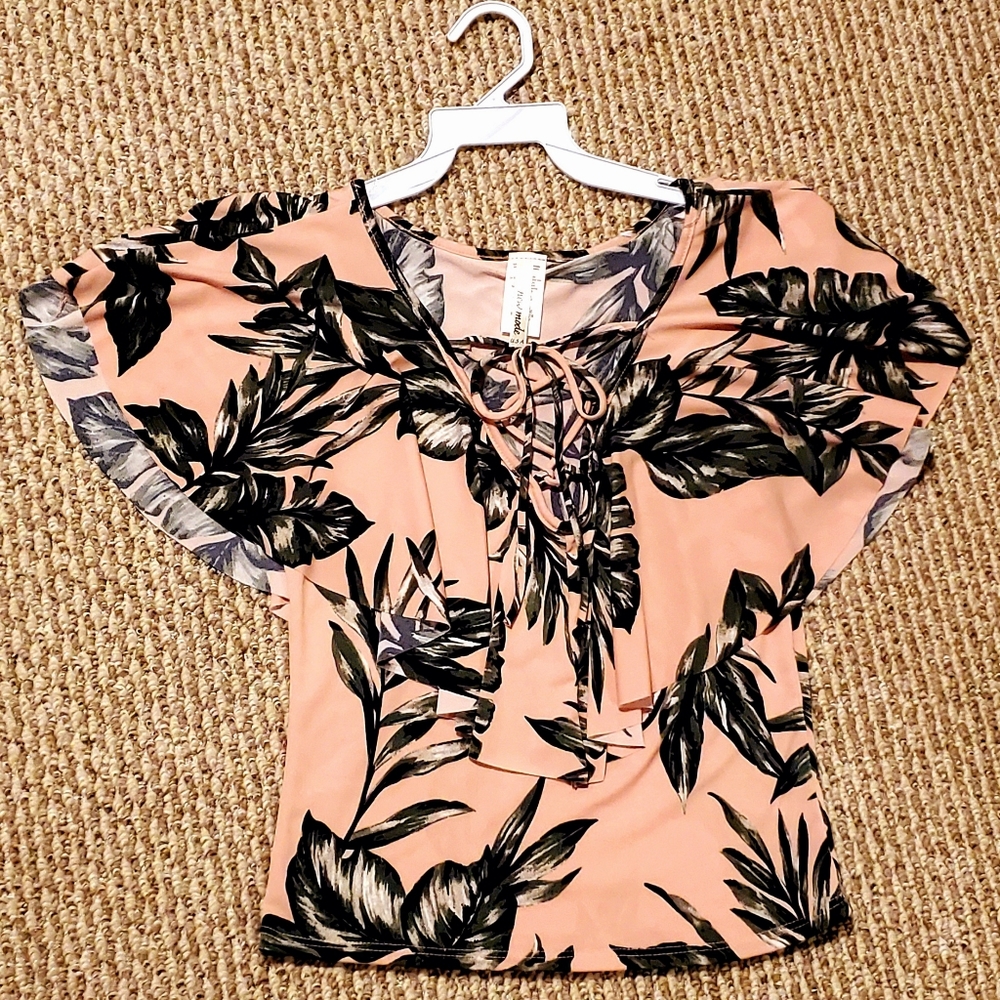 Blush Ruffle Palm Print Laced Top